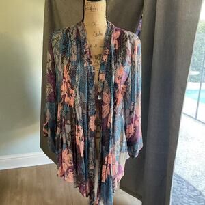 Floral silky Blouse kimono jacket pleat open front button vneck pink festival L